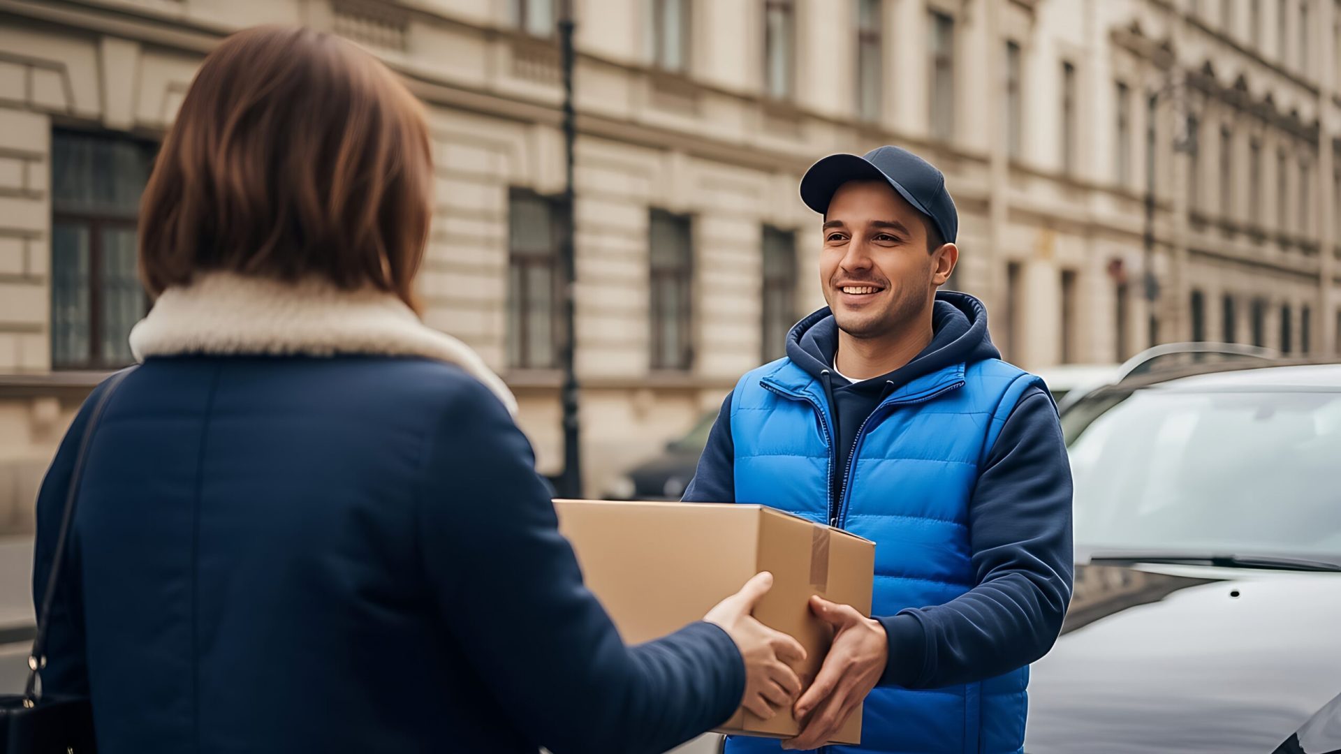 delivery man handing a package to a woman on the street